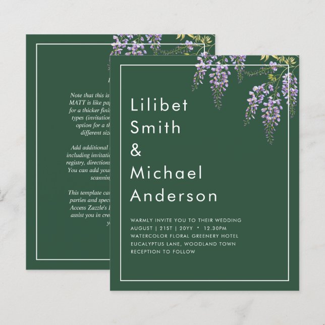 Papier LeahG Green Purple WISTERIA Wedding INVITE (Devant / Derrière)