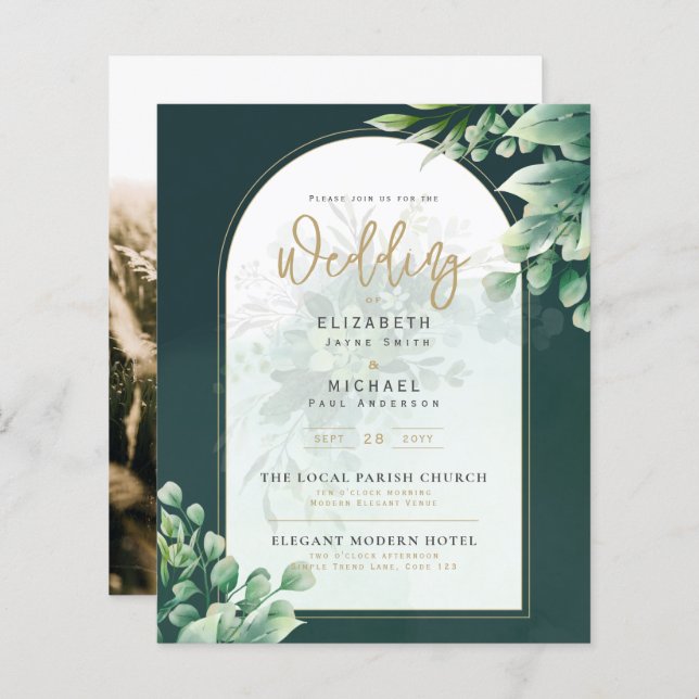 Papier LeahG Greenery Gold PHOTO Mariage Invitation (Devant / Derrière)