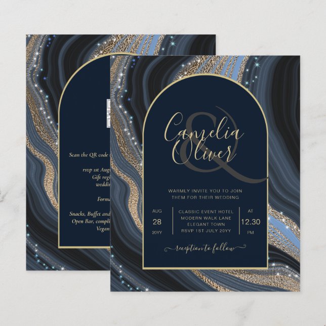 Papier LeahG Marine Blue Gold Agate STARRY Mariage de nui (Devant / Derrière)