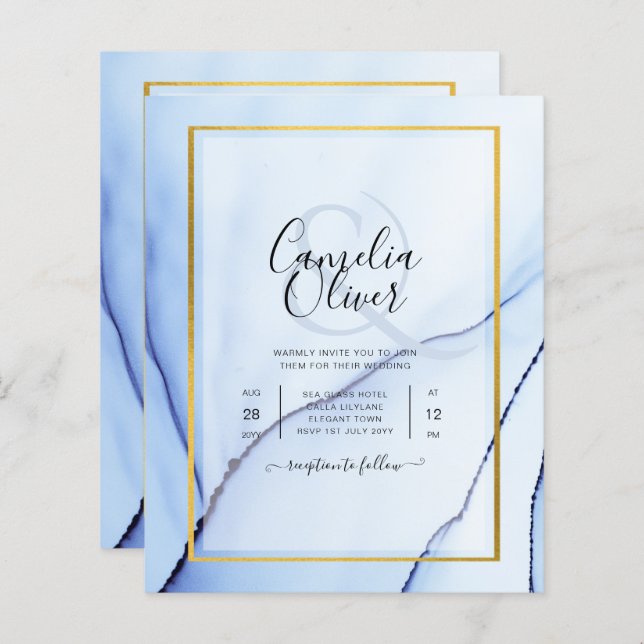 Papier LeahG Marine Blue Gold INK Mariage Abstrait INVITE (Devant / Derrière)