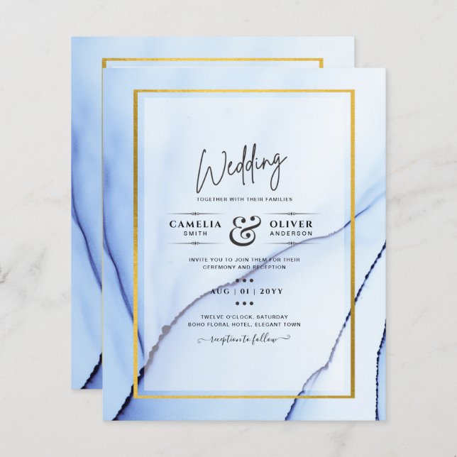 Papier LeahG Marine Blue Gold INK Mariage Abstrait INVITE (Devant / Derrière)