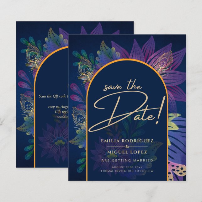 Papier LeahG Marine Purple Gold JEWEL TONES Mariage INVIT (Devant / Derrière)