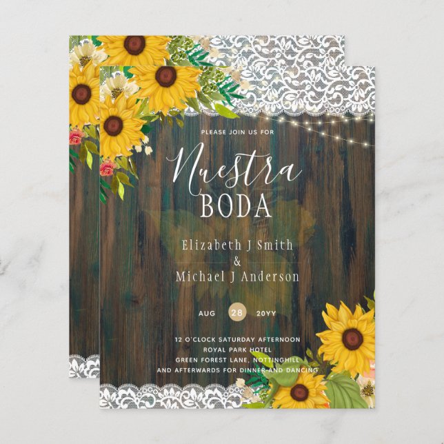 Papier LeahG Nuestra Boda Sunflowers Lights Invitation (Devant / Derrière)