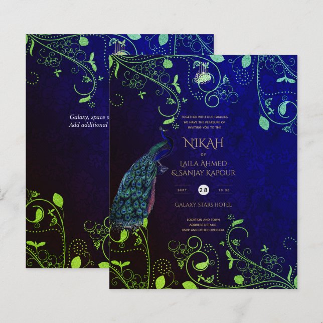 Papier LeahG Peacock Bleu Islam Mariage invite (Devant / Derrière)