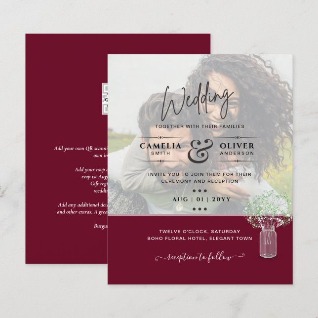 Papier LeahG PHOTO OVERLAY Gypsophila Wedding Invitation (Devant / Derrière)