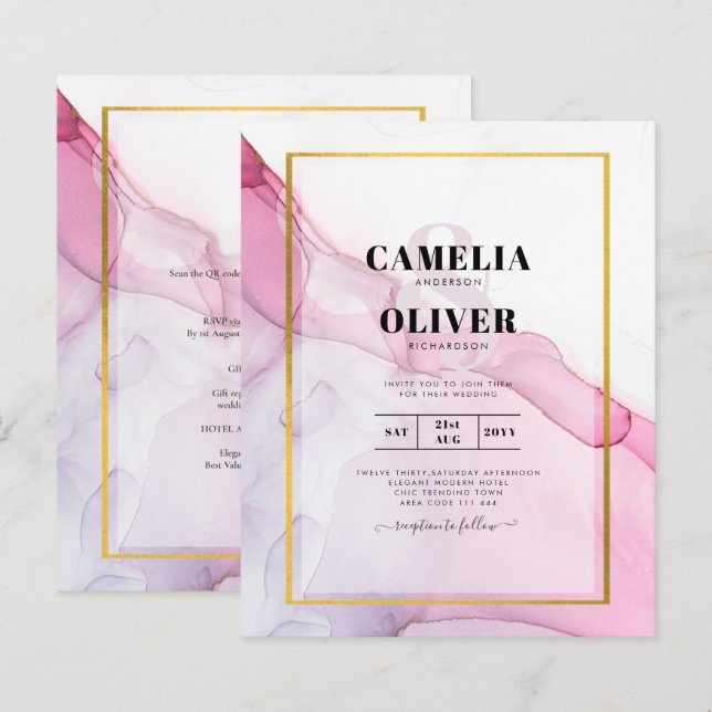 Papier LeahG PINK Purple Encre Mariage Abstrait INVITE (Devant / Derrière)