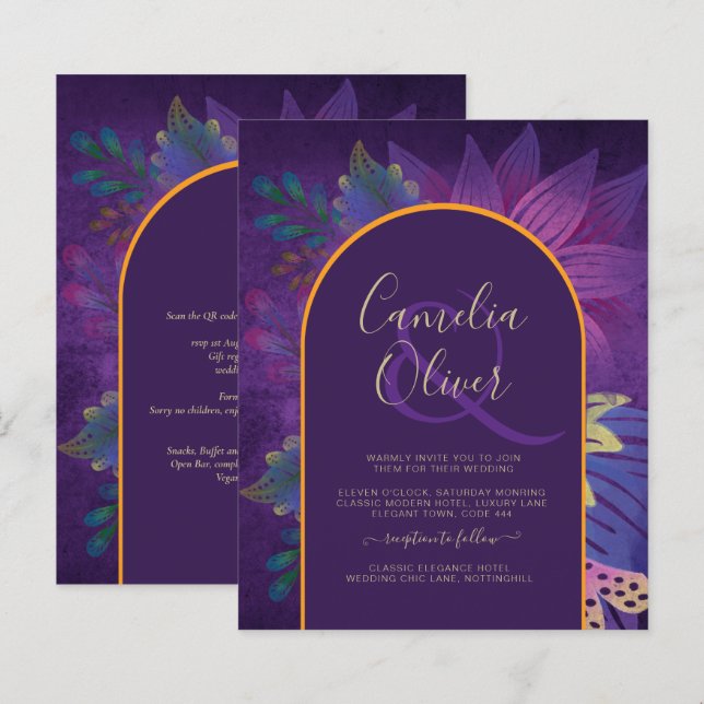Papier LeahG Plum Purple Gold JEWEL TONES Mariage INVITE (Devant / Derrière)