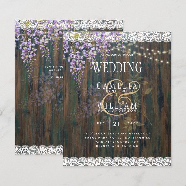 Papier LeahG Rustic WISTERIA Dentelle Floral Wedding INVI (Devant / Derrière)