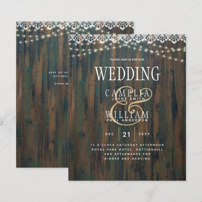 Papier LeahG Rustic Wood Lace Lumières Mariage Invitation (Devant / Derrière)