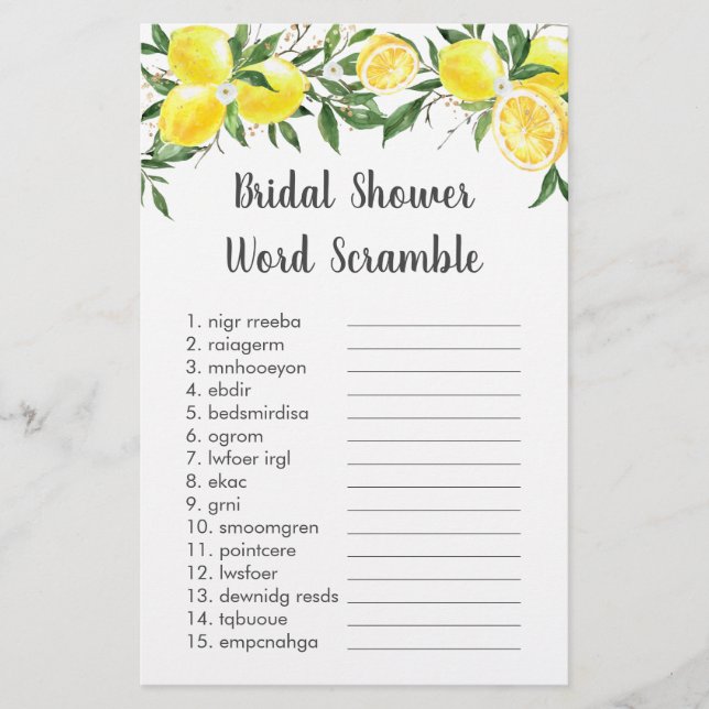 Papier Lemon Greenery Gold Bridal Word Scramble Jeu (Devant)