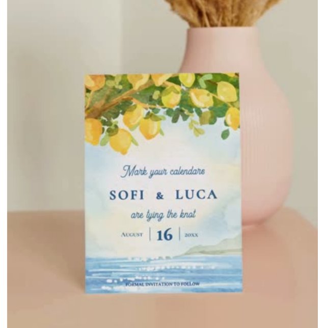 Papier Lemon Grove Coastal Mediterranean Wedding (Mediterranean Lemon Grove Watercolor Save the Date | Coastal Destination Wedding Invitation)