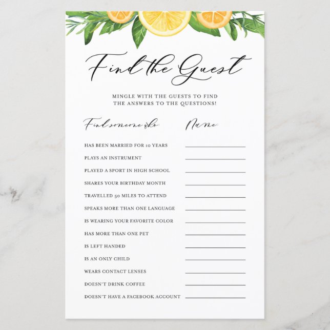 Papier Lemons and Oranges Find the Guests Shower Game (Devant)