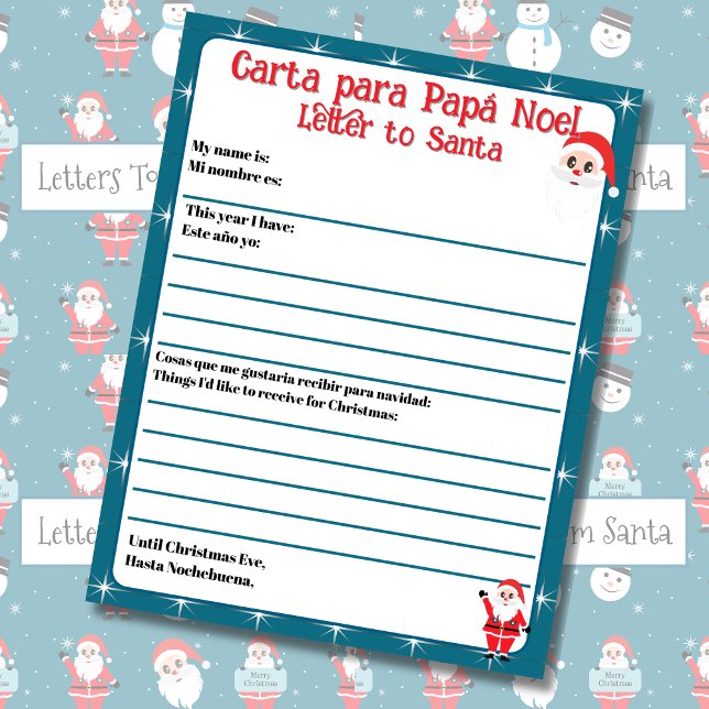 Papier LETTRE Bleue Bleu bilingue modifiable à Père Noël  (Bilingual Letter to Santa, personalized & custom text, name, lines to. write. Multilingual Project)