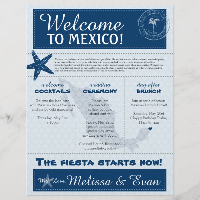 Papier LETTRE D'ACCUEIL Mariage Bleu Starfish Cancun Mexi (Devant)