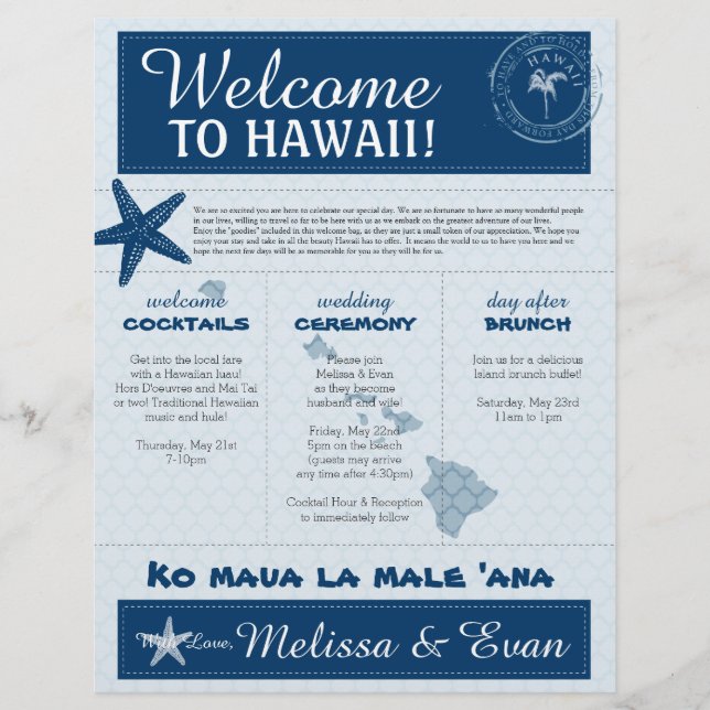Papier Lettre d'accueil Mariage bleu Starfish pour Hawaii (Devant)