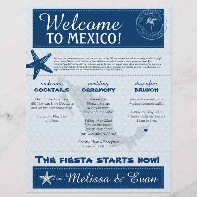 Papier Lettre d'accueil Mariage bleu Starfish pour le Mex (Devant)
