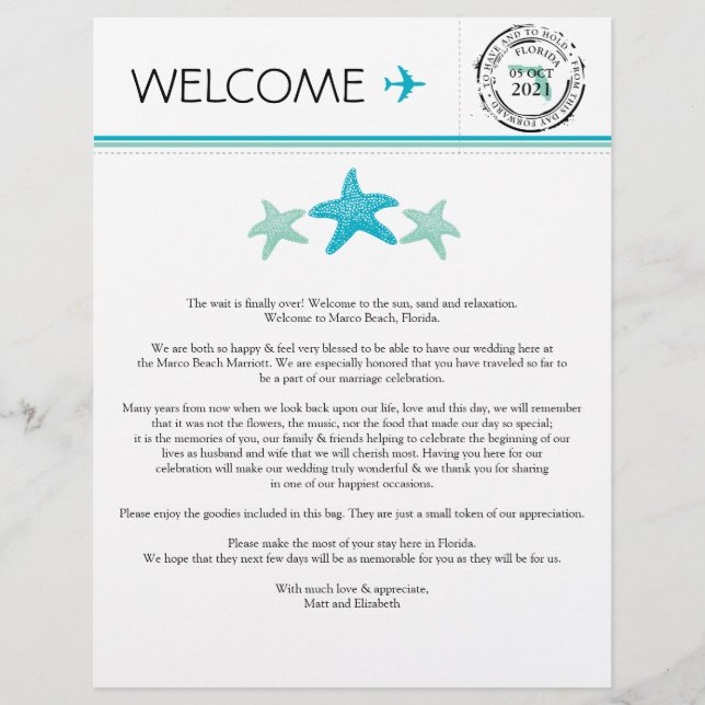 Papier Lettre de bienvenue mariage pour la Floride (Devant)