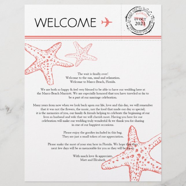 Papier Lettre de bienvenue mariage pour la Floride (Devant)