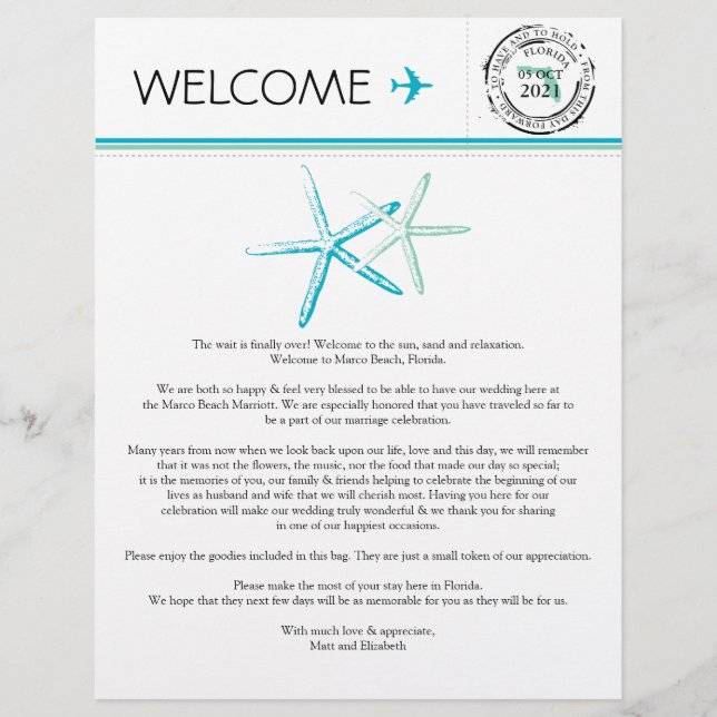 Papier Lettre de bienvenue mariage pour la Floride (Devant)