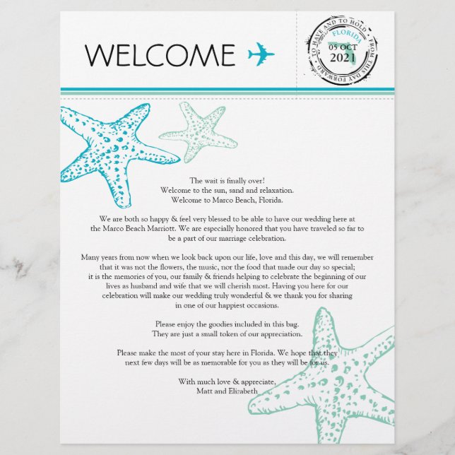 Papier Lettre de bienvenue mariage pour la Floride (Devant)