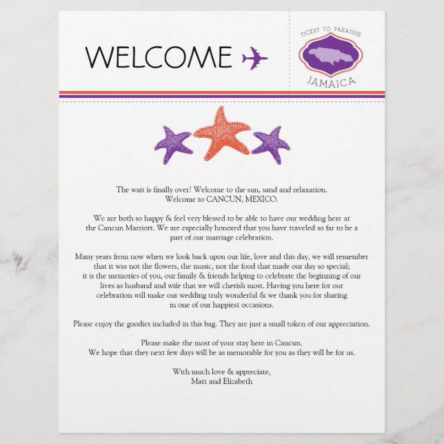Papier Lettre de bienvenue mariage pour la Jamaïque (Devant)