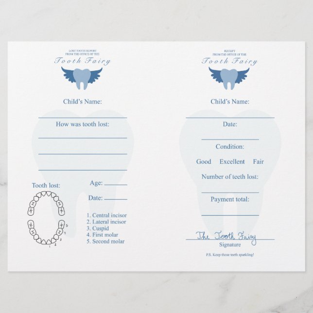 Papier Lettre de dent et reçu bleu (Devant)