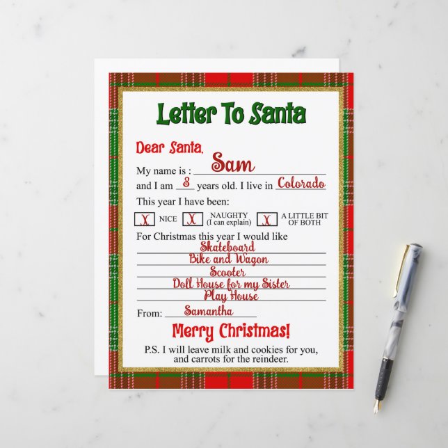 Papier Lettre de Noël portée au Père Noël (Devant/Arrière en situation)