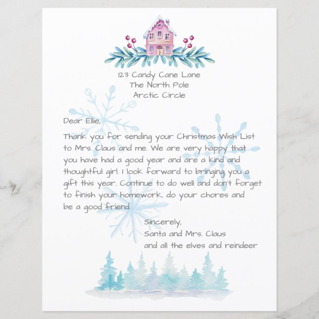 Papier Lettre du Père Noël aquarelle neige (Devant)