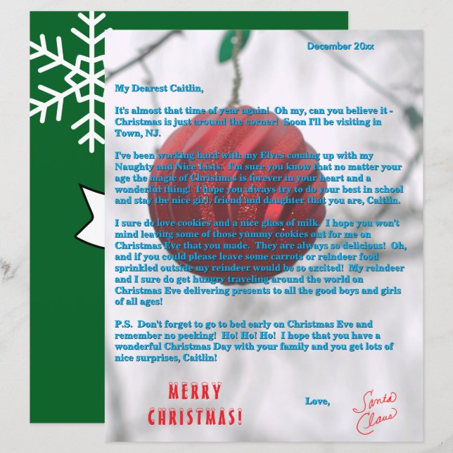 Papier Lettre du Père Noël Ornement Vert Rouge (Devant / Derrière)