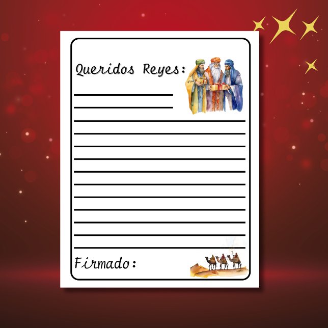 Papier Lettre espagnole blanche aux sages - Los Reyes (Carta a los reyes, customizable & personalized. white letter with lines. Con Jesús en el camino)