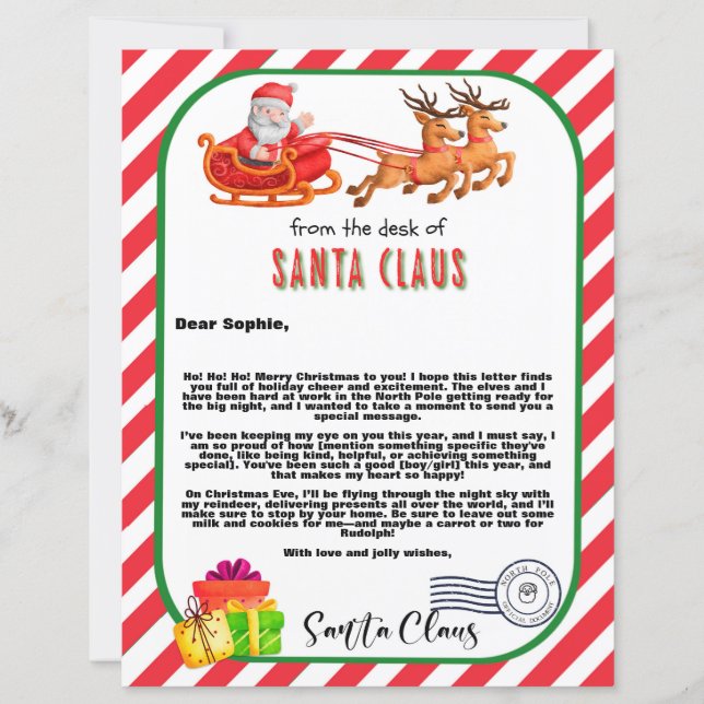 Papier Lettre Père Noël personnalisée aux enfants Message (Devant)
