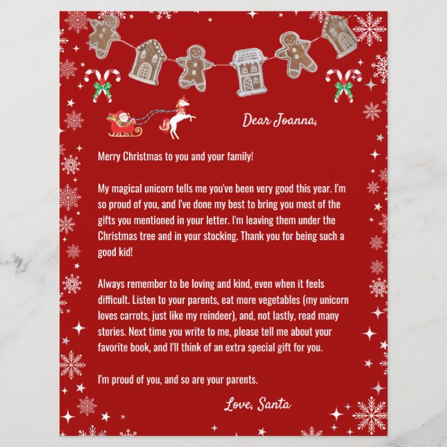 Papier Lettre Père Noël Unicorne Snowflakes Candy Red Xma (Devant)