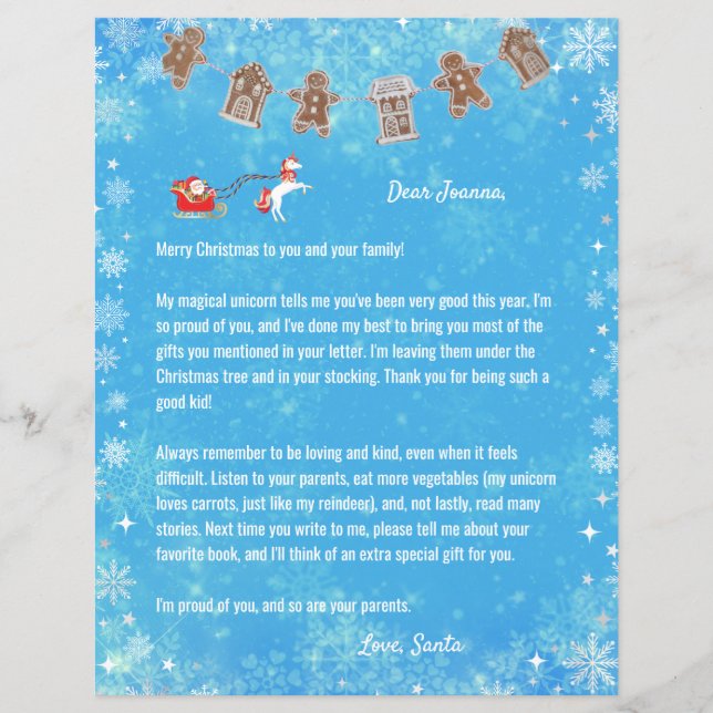 Papier Lettre Père Noël Unicorne Snowflakes Reindeer Blue (Devant)