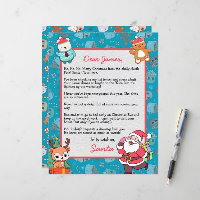 Papier Lettre personnalisée du Père Noël pour enfants (Devant/Arrière en situation)