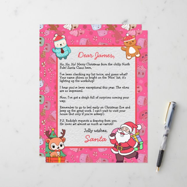 Papier Lettre personnalisée du Père Noël pour enfants (Devant/Arrière en situation)
