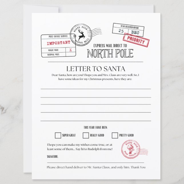 Papier LETTRE Pôle Nord À Père Noël (Devant)