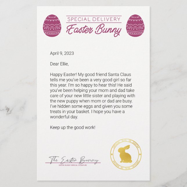 Papier Lettre rose du lapin de Pâques (Devant)