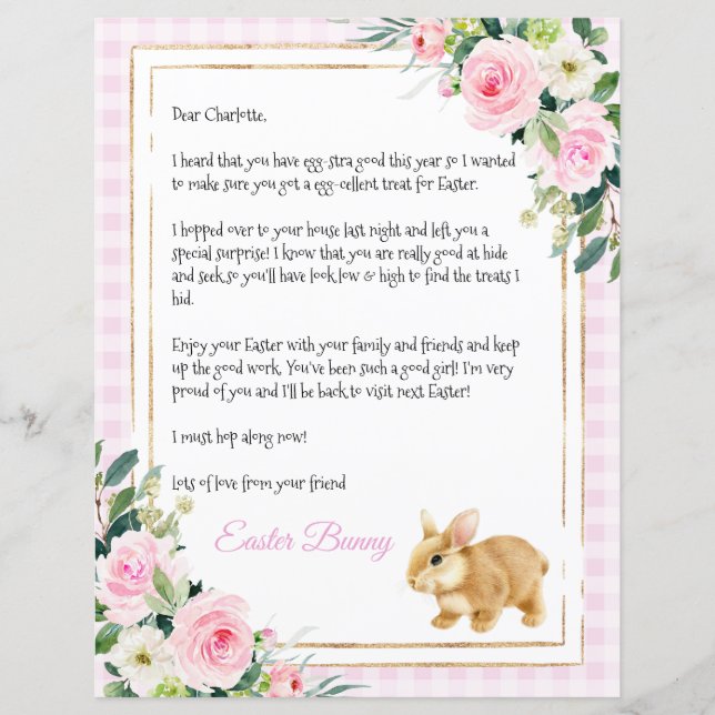 Papier Lettre rose et or pastel du lapin de Pâques (Devant)