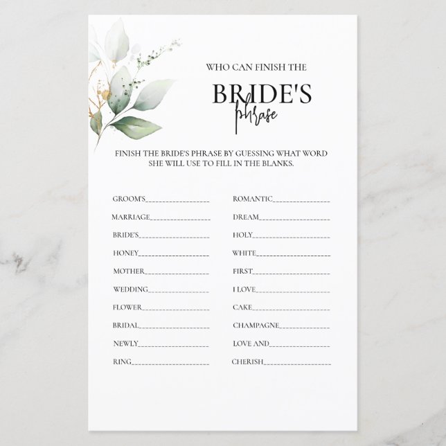 Papier L'expression de la mariée jeu de douche nuptiale v (Devant)