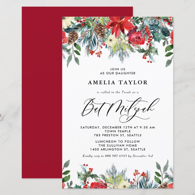 Papier L'hiver fleurit Floral Bat mitzvah Invitation (Devant / Derrière)