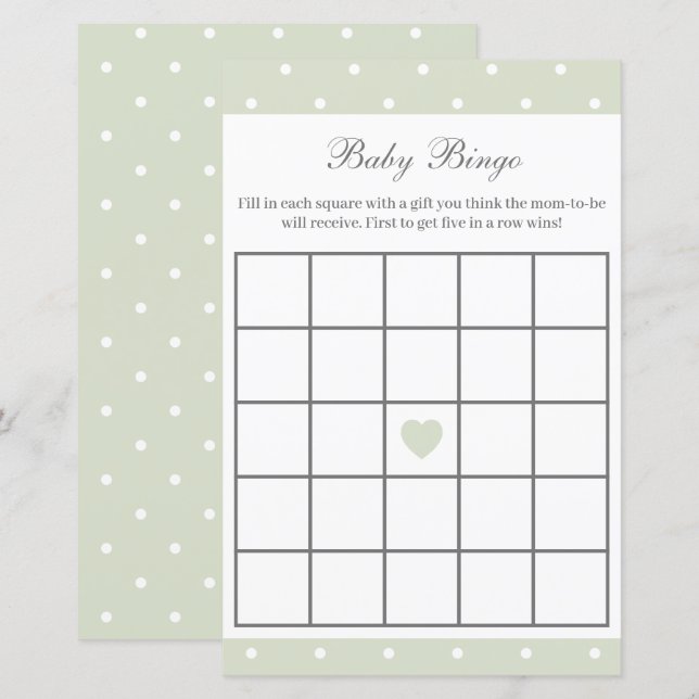 Papier Light Sage Green Baby shower Bingo Jeu de Bingo (Devant / Derrière)