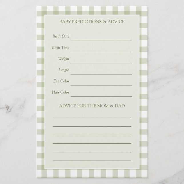 Papier Light Sage Green Gingham Baby Shower Guessing Game (Devant)
