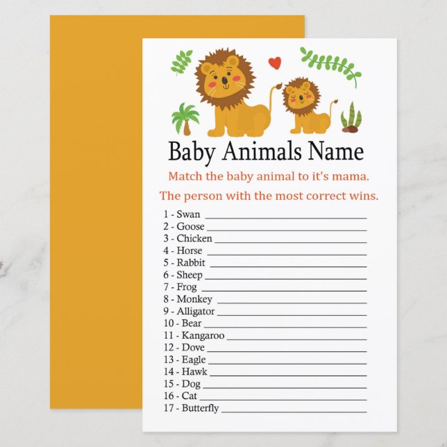 Papier Lion Baby Animaux Nom Jeu (Devant / Derrière)