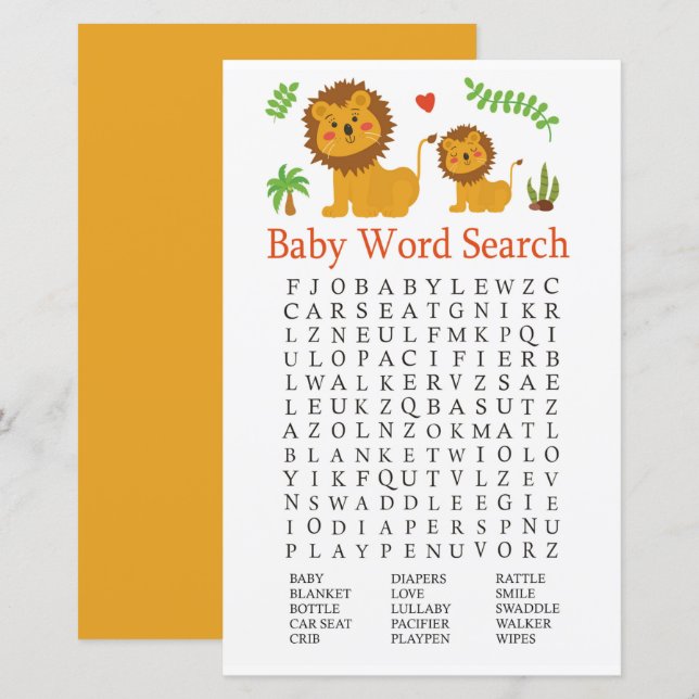 Papier Lion Baby shower Mot de recherche Jeu (Devant / Derrière)