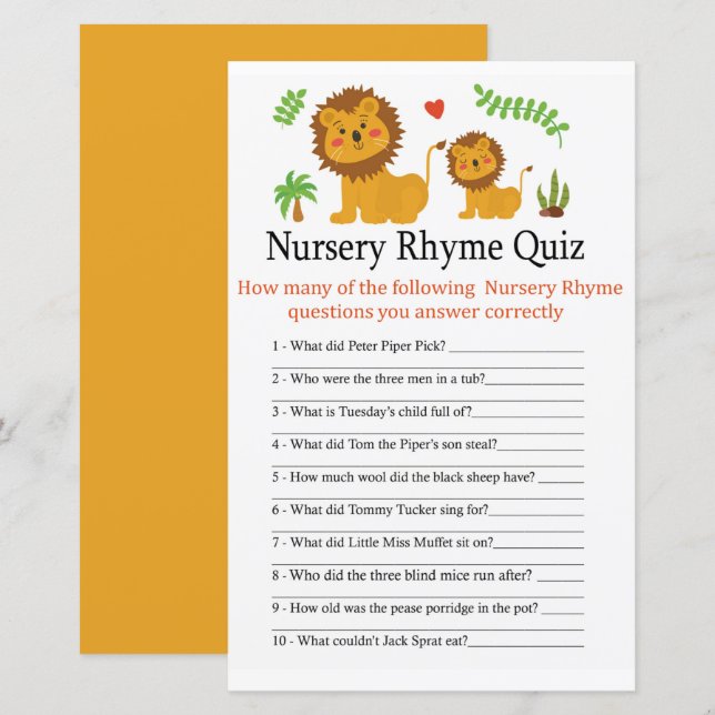 Papier Lion Nursery Rhyme Quiz jeu de baby shower (Devant / Derrière)