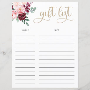 Papier Liste de cadeaux de fleurs roses et de Mariages d'