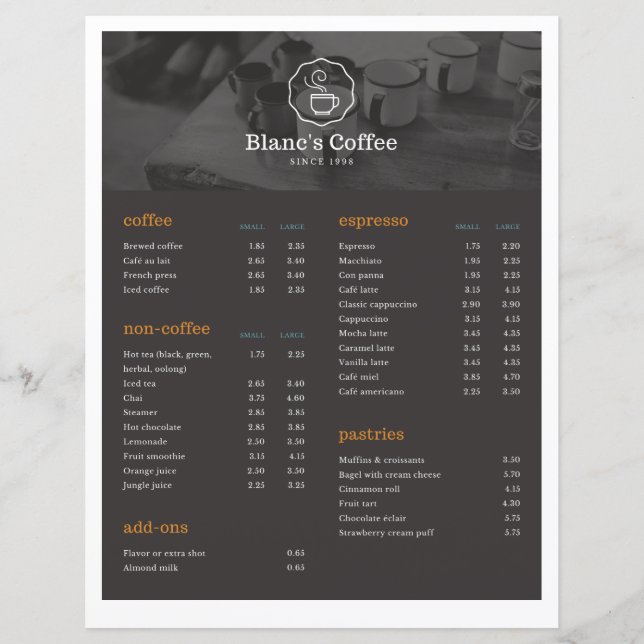 Papier Liste des boissons au café (Devant)