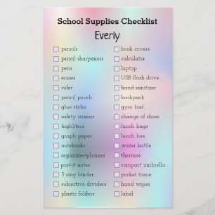 Papier liste des fournitures scolaires holographiques iri