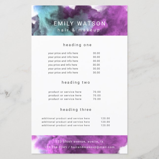 Papier liste des prix de l'effet fumée violette du salon (Devant)
