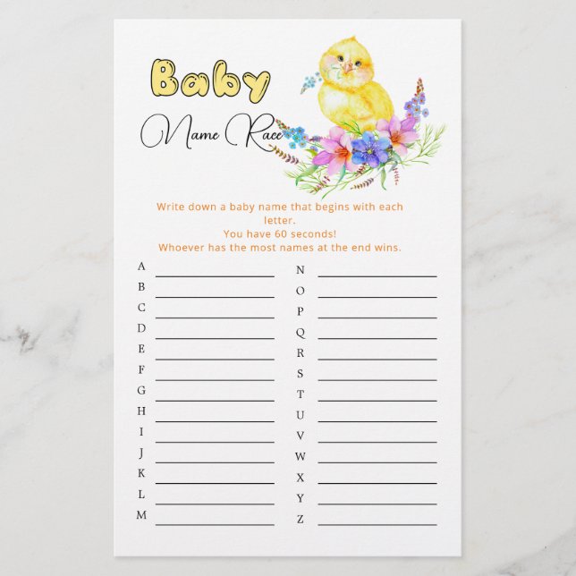 Papier Little Chick Baby shower Baby Nom Course Jeu (Devant)